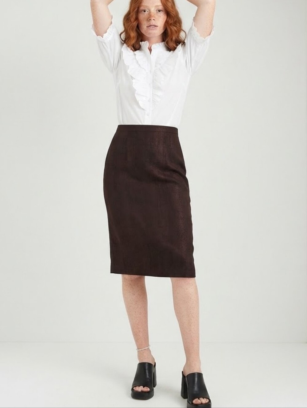 100% Silk Adriana Papell Skirt Size Medium 10 Jacquard Brown Knee Length Vintage